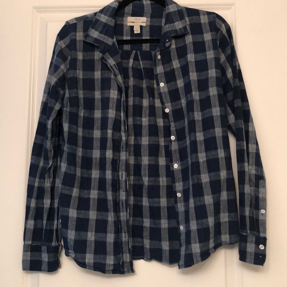 J Crew Chambray Buffalo Plaid Boyfriend Button Up